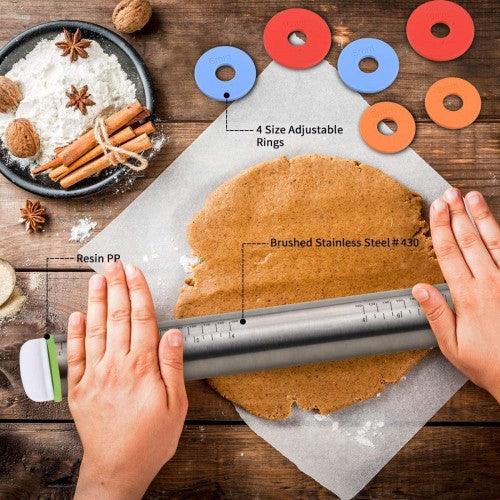 Adjustable Stainless Steel Rolling Pin Dough Roller with 4 Removable Adjustable Thickness Rings, Smooth Non Stick for Baking Dough, Pizza, Pie, Pasta, Pastries, Cookies - Toytexx Adjustable Stainless Steel Rolling Pin Dough Roller with 4 Removable Adjustable Thickness Rings, Smooth Non Stick for Baking Dough, Pizza, Pie, Pasta, Pastries, Cookies - Toytexx